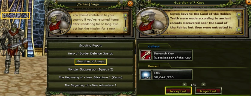 Captain Fargo ile konuşup Guardian of 7 Keys görevini kabul etme ekranı